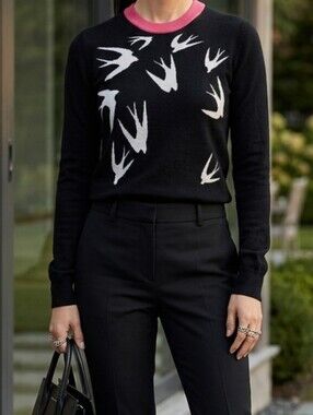 Alexander McQueen Black Crewneck Sweater w White Swallow Motifs Pink Trim S XS